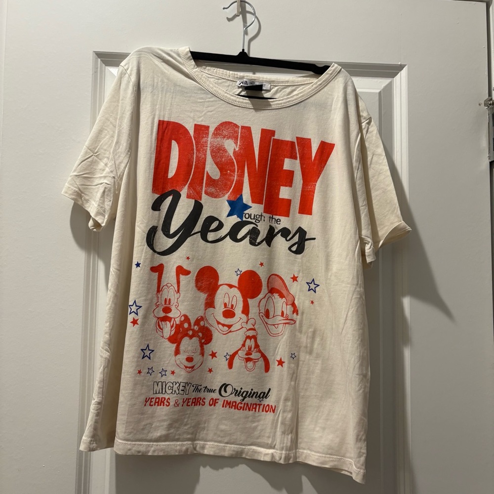 Disney Cream Short Sleeve Graphic Tee with Red & Blue Print